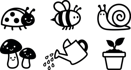 Minimalist line art insect and garden icon set six black icons including ladybug bee snail mushrooms watering can potted plant © DesignVectX
