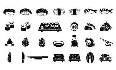 Sushi Icon Set – Japanese Food, Nigiri, Maki and Seafood Silhouette Vector Collection © Mahmudul