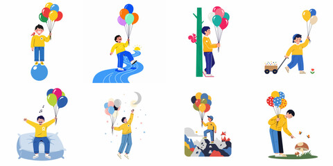 Fototapeta premium Playful adventures of a cheerful boy with balloons in diverse, imaginative settings.