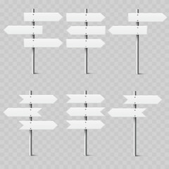 Obraz premium Realistic White Street Signpost Set. Vector Blank Wayfinding Direction Arrow Boards on Metal Poles.