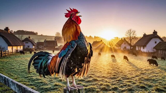Majestic brightly colored rooster crowing loudly atop a wooden post signaling the dawn across a misty farm video footage