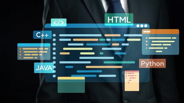 A conceptual image showcasing various programming languages with colorful code snippets, representing the evolution of technology and software development. Qubit