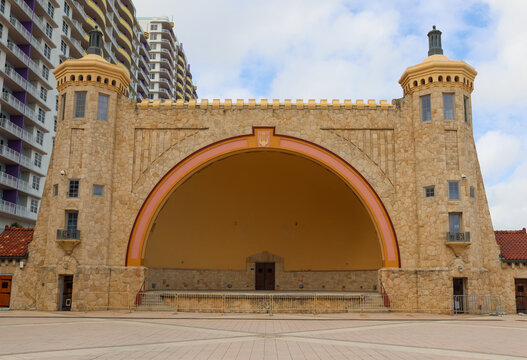 Historic coquina bandshell on the boardwalk at Daytona Beach, FL