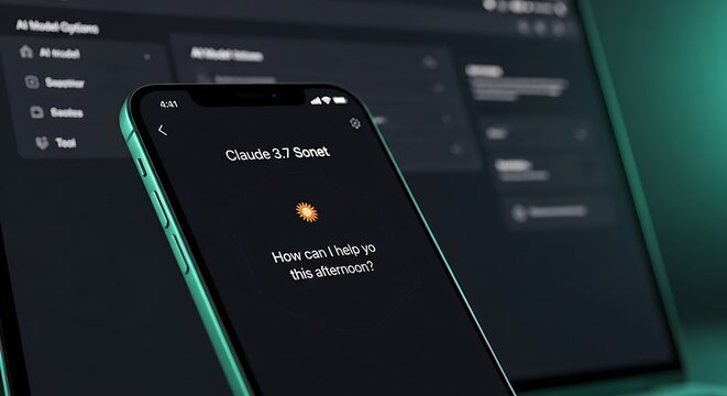 Claude 3.7 Sonnet AI assistant interface on smartphone screen with laptop background and green ambient lighting