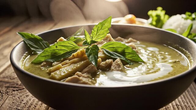 Warmly backlit steaming spicy Thai Green Curry bowl on rustic wooden tabletop