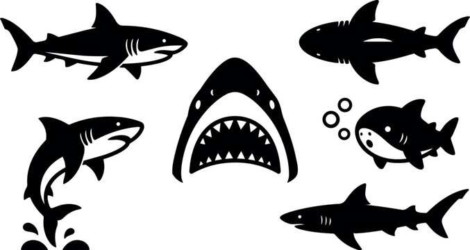 Silhouette vector sharks in dynamic swimming poses with open mouth dorsal fin side view top view and playful bubbles arrangement