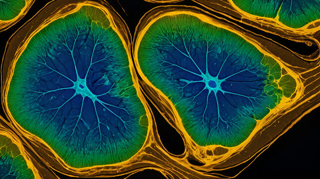 A fluorescent confocal microscopy image of osteoclasts resorbing bone tissue, showing their multinucleated morphology and attachment to bone