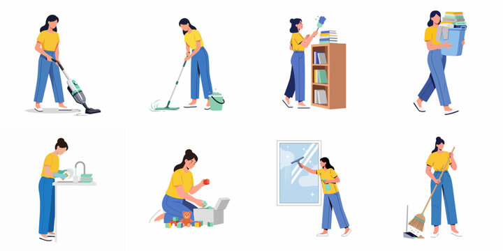 Woman performing diverse household cleaning and organizing tasks: vacuuming, mopping, dusting, laundry, dishwashing, and tidying up.