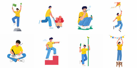 Fototapeta premium Young Man Engaged in Various Daily Activities: Celebrating, Playing, Creating, and Progressing. A Diverse Set of Life Illustrations.