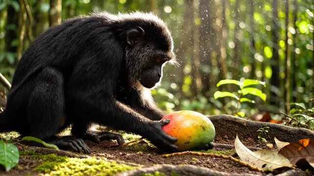 Curious chimpanzee investigates ripe mango in lush forest