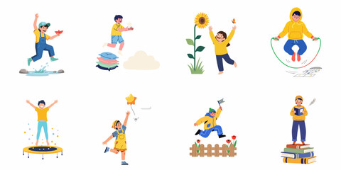 Fototapeta premium Children enjoying various outdoor and imaginative activities, from jumping in puddles and trampolines to reading books and chasing butterflies, showcasing diverse childhood joys.