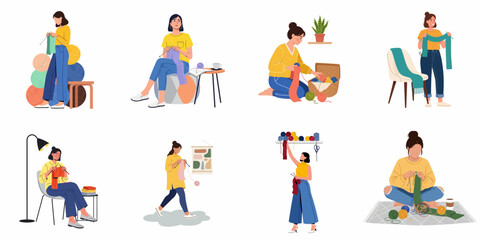 Fototapeta premium Illustrations of women engaged in knitting and yarn craft activities, showcasing creativity, relaxation, and handmade hobbies.