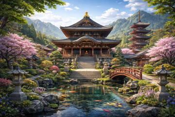 Obraz premium A serene Japanese garden featuring traditional architecture and cherry blossoms.
