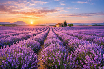 Fototapeta premium Lavender fields at sunset with a rustic house in the background.