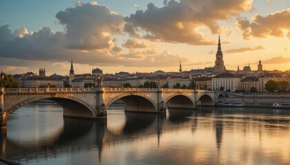 Fototapeta premium Sunset over historic cityscape with stone bridge and river