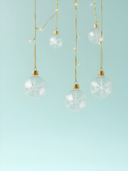 Christmas ornaments with snowflake patterns hang from gold strings on a mint background, softly lit in a simple, elegant arrangement.