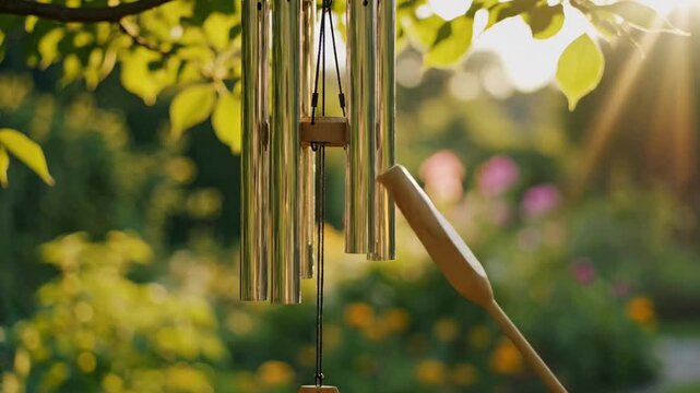 Serene wind chimes hanging in a lush green garden with sunlight filtering through leaves.