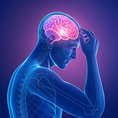 Obraz premium A semi-transparent human figure in profile with the brain and nervous system highlighted. The brain glows in pink and purple tones, while the spinal cord and nerves are illuminated in blue.