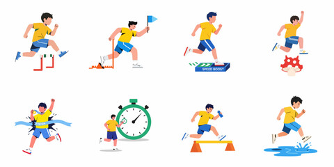 Fototapeta premium Dynamic illustrations of a young athlete running, jumping hurdles, starting, boosting speed, and winning a race with a medal.
