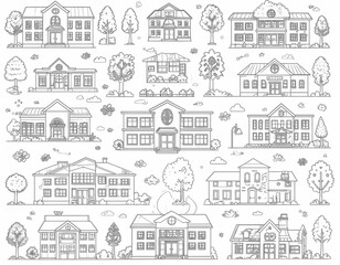 Obraz premium Collection of Diverse Building Illustrations Featuring Various Architectural Styles and Landscaping Elements