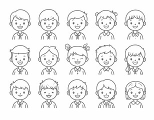 A diverse collection of smiling children's faces illustrated in a clean, black and white line art cartoon style for avatars