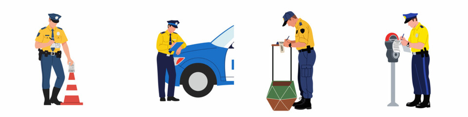 Obraz premium Illustrations of Police and Traffic Wardens Issuing Tickets and Enforcing Regulations in Urban Settings