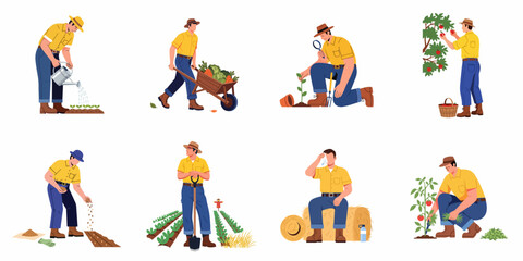 Fototapeta premium Farmer engaged in diverse agricultural tasks: watering, planting, harvesting, and field work.