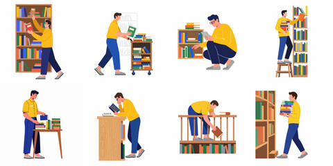 Illustrations of diverse people reading, organizing, and interacting with books in a library or bookstore setting, showcasing various academic and leisure activities. © Muqodimatul
