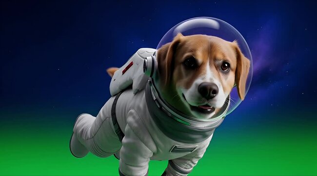 Cute dog astronaut floating in space with a starry background and green nebula