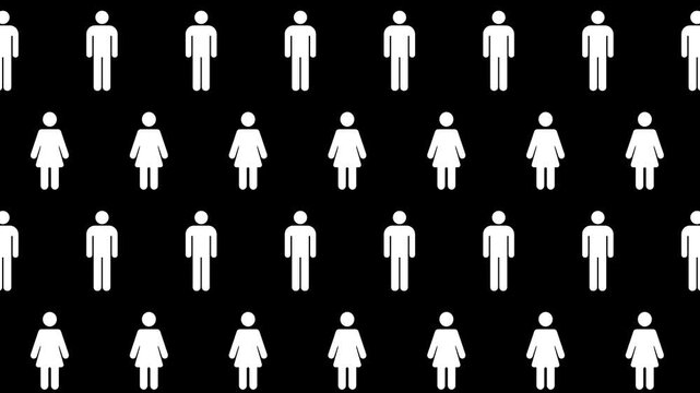 Seamless loop pattern of Men and Women icons on a black background. Infographic and pictogram background. Stylish pictogram, 4K motion graphics. Concept of gender, stats and population