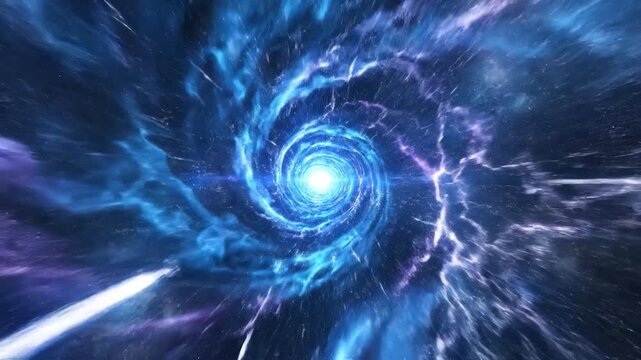 Bright light at the end of a swirling blue cosmic wormhole tunnel