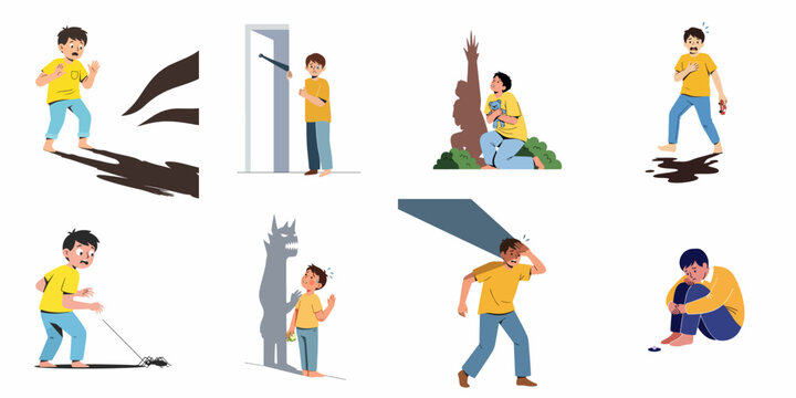 Boy Reacting to Fears and Phobias: Shadows, Spiders, Loud Noises, and General Anxiety in Childhood Illustrations.