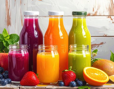 Fresh cold-pressed juices bursting with vibrant natural fruity goodness