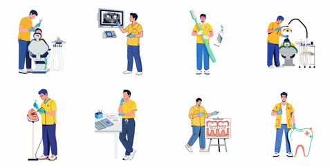 Fototapeta premium Comprehensive Dental Care and Oral Health Vector Collection: Dentists, Patients, Examinations, and Hygiene Illustrations for Modern Practices.