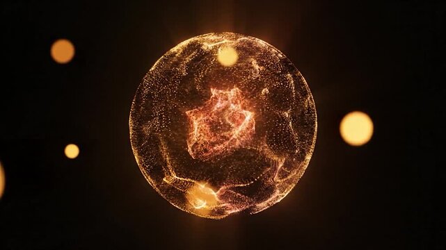 Abstract golden particles shimmer and glow, forming a dynamic spherical shape