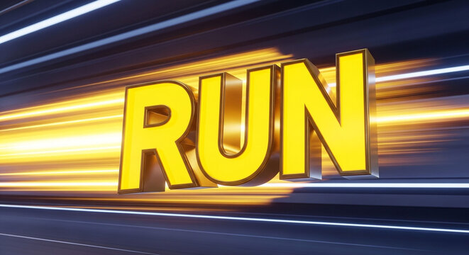 A large yellow 3D word 'RUN' with motion blur effect on a dark background