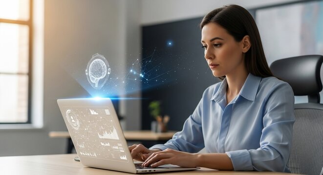 A woman working on a laptop with holographic AI and data projections in a modern office.