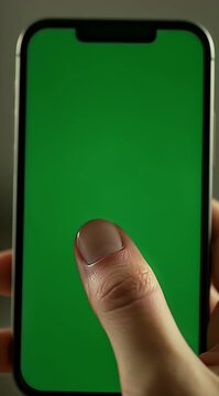 Close-up of a hand holding a smartphone with a green screen