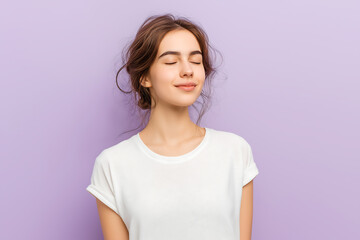 Obraz premium Peaceful Young Woman With Eyes Closed Wearing White T Shirt Lavender Background Calm Studio Portrait