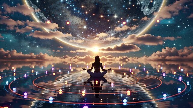 ethereal meditation scene: lotus pose, cosmic reflection, glowing orbs | relaxation, mindfulness, spirituality, wellbeing, serenity theme