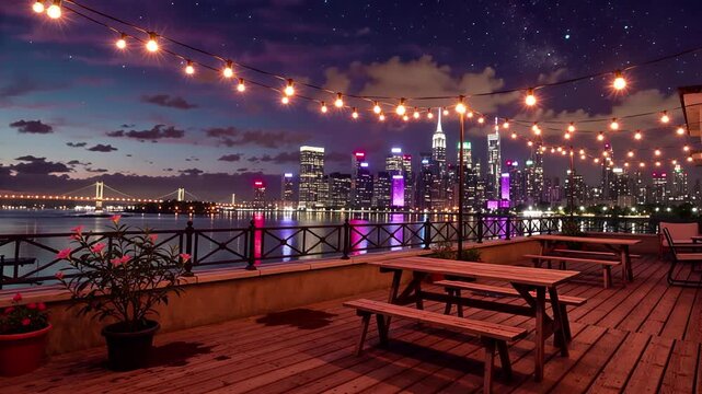 rooftop terrace dusk cityscape with string lights and pink flowers | relaxation, meditation, ambience, travel, nature theme