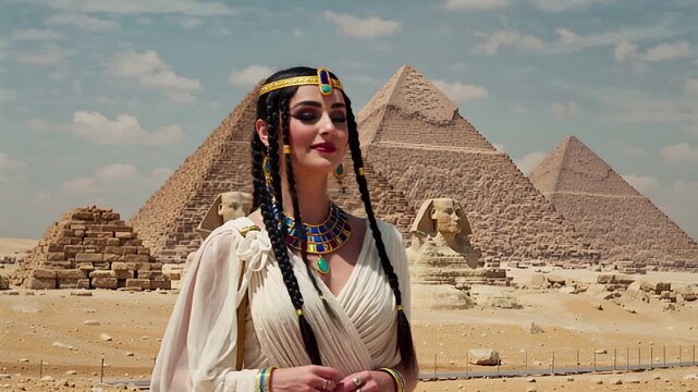 egyptian woman pyramids giza ancient attire gold necklace turquoise headband | history, travel, beauty, culture, portrait theme