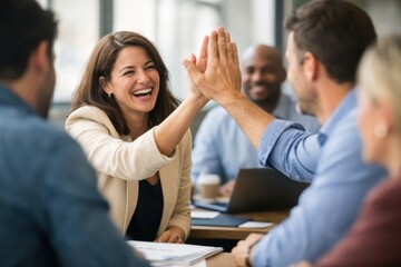 Smiling business team celebrating success with high five in modern office