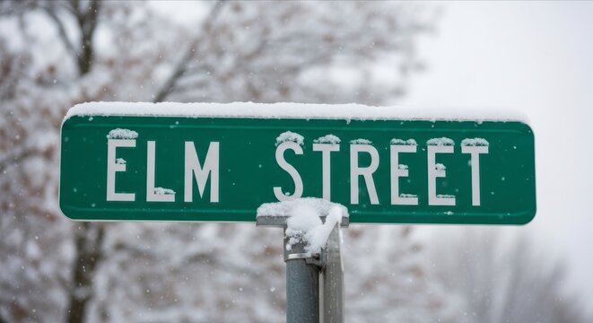Snowy Elm Street Sign in Winter Landscape with Snowy Trees