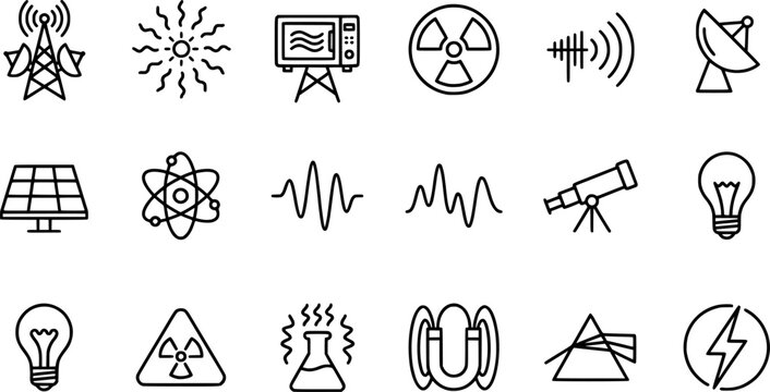 Electromagnetic Spectrum Bold Line Icons-Radio Wave Microwave Infrared Visible Light UV Xray Gamma Wavelength Photon-20 Spectrum Icon Set Vector - EM Spectrum Icons