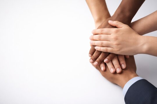 Diverse team stacking hands together in unity and support