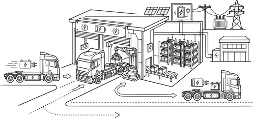Obraz premium EV Battery Pack Truck Infrastructure Line Art Vector 