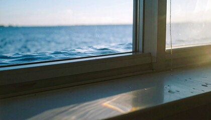 Fototapeta premium Window to the Horizon: A serene view of the sea captured through a window, the sunlight gently illuminating the scene with a sense of peace.