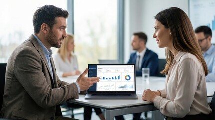 Fototapeta premium Business professionals analyzing data on laptop in modern office setting