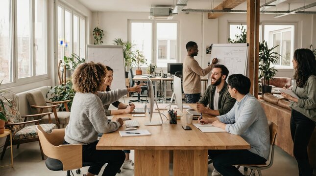 Diverse team collaborating in modern office space with plants